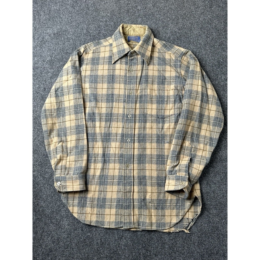 Mens 70s Pendleton Plaid Quilted Wool Flannel Shirt USA, Size M